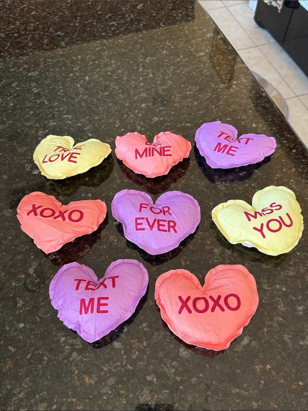 Plushy Valentine Conversation Hearts - Pink, Purple, Yellow Decor